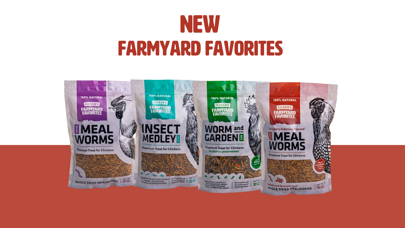 New Farmyard Favorites Bags in front of Red and white background with red writing New Farmyard Favorites