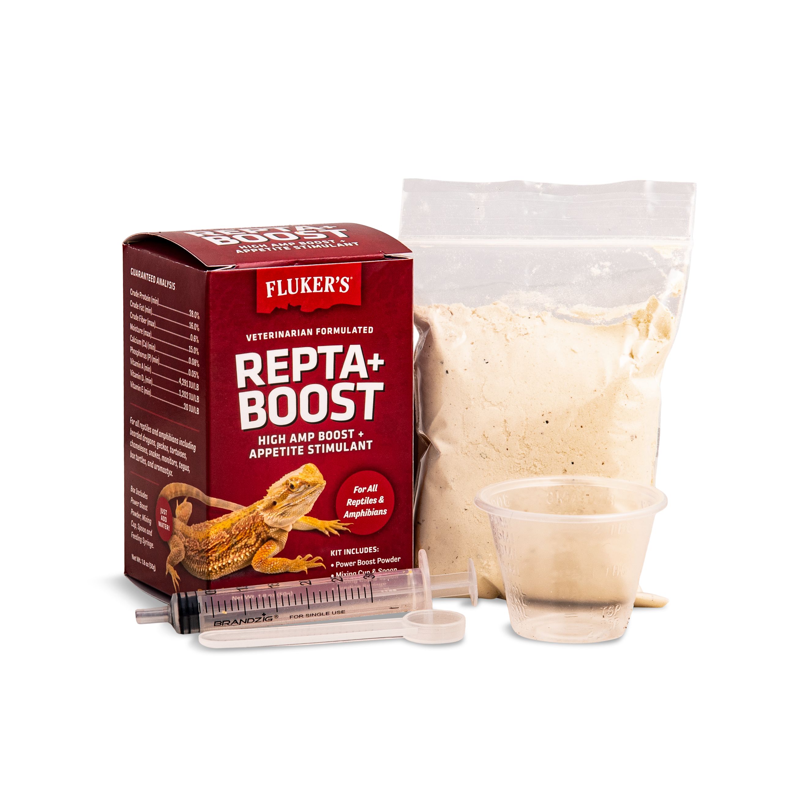 Image of Fluker's Repta+ Boost with Powder, Syringe, and Measuring Cup and Spoon on White Background