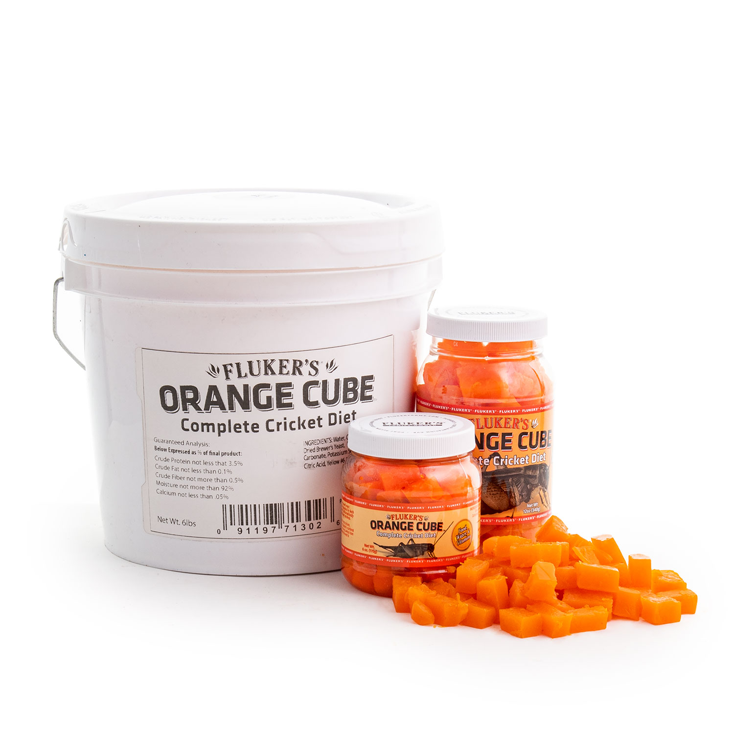 Image of Fluker's Orange Cube Complete Cricket Diet in 6oz,12oz, and 6lb on white background